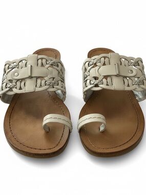 Women's Leather Toe-Loop Sandals, white with silver, Braided Slide, size 7.5 M